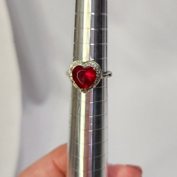 Simulated Heart-Shaped Ruby Silver Ring with CZ - Picture 1 of 8